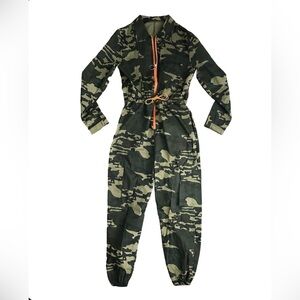 Long Sleeve Camo Cargo Jumpsuit w/ Orange Zipper